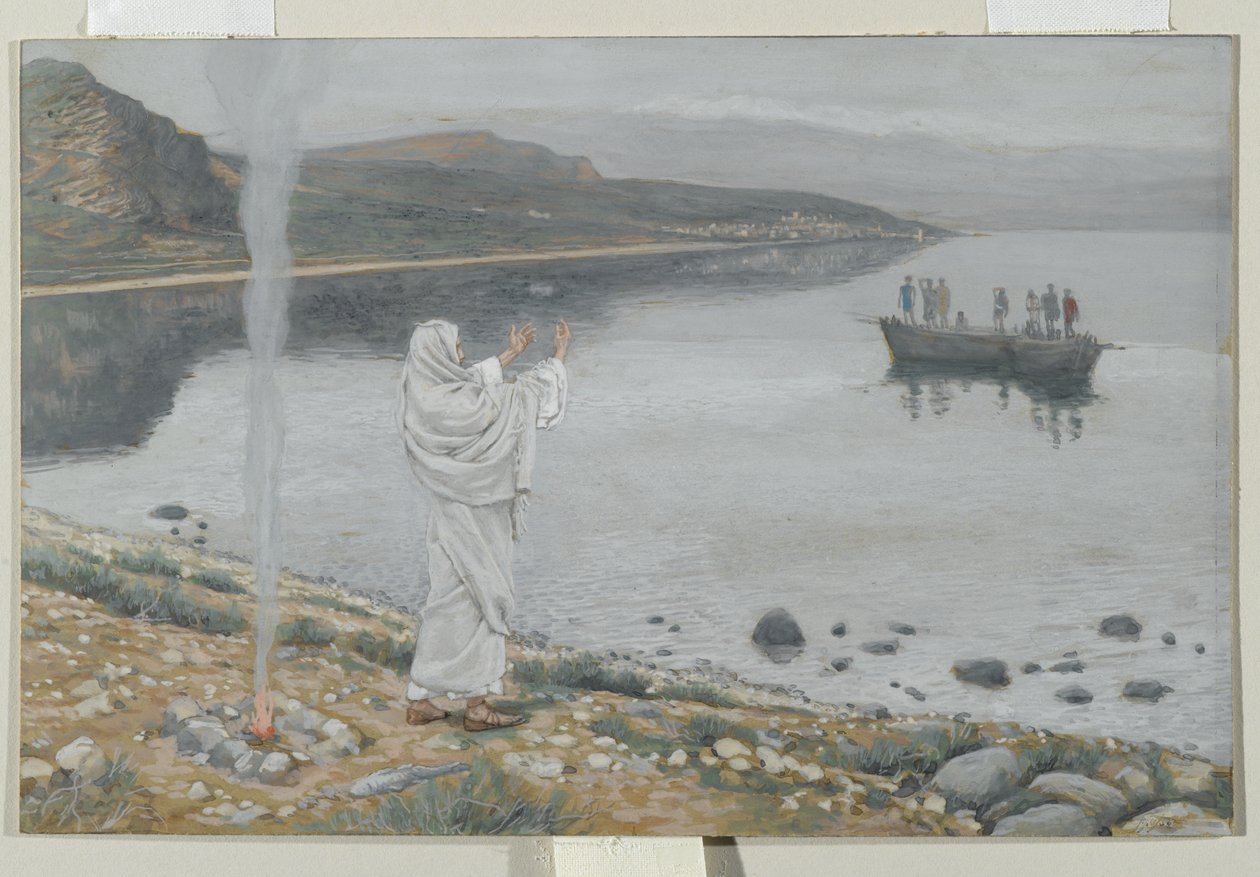 Cristo aparece na margem do Lago Tiberíades, ilustração da Vida de Nosso Senhor Jesus Cristo, 1886-94 (wc sobre grafite sobre papel) de James Jacques Joseph Tissot