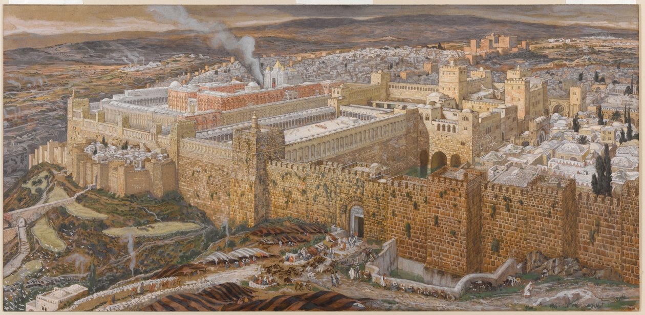 Jerusalém e o Templo de Herodes em Nosso Senhor dos Tempos, ilustração da Vida de Cristo, c.1886-94 (wc e guache sobre papelão) (ver também 101203) de James Jacques Joseph Tissot
