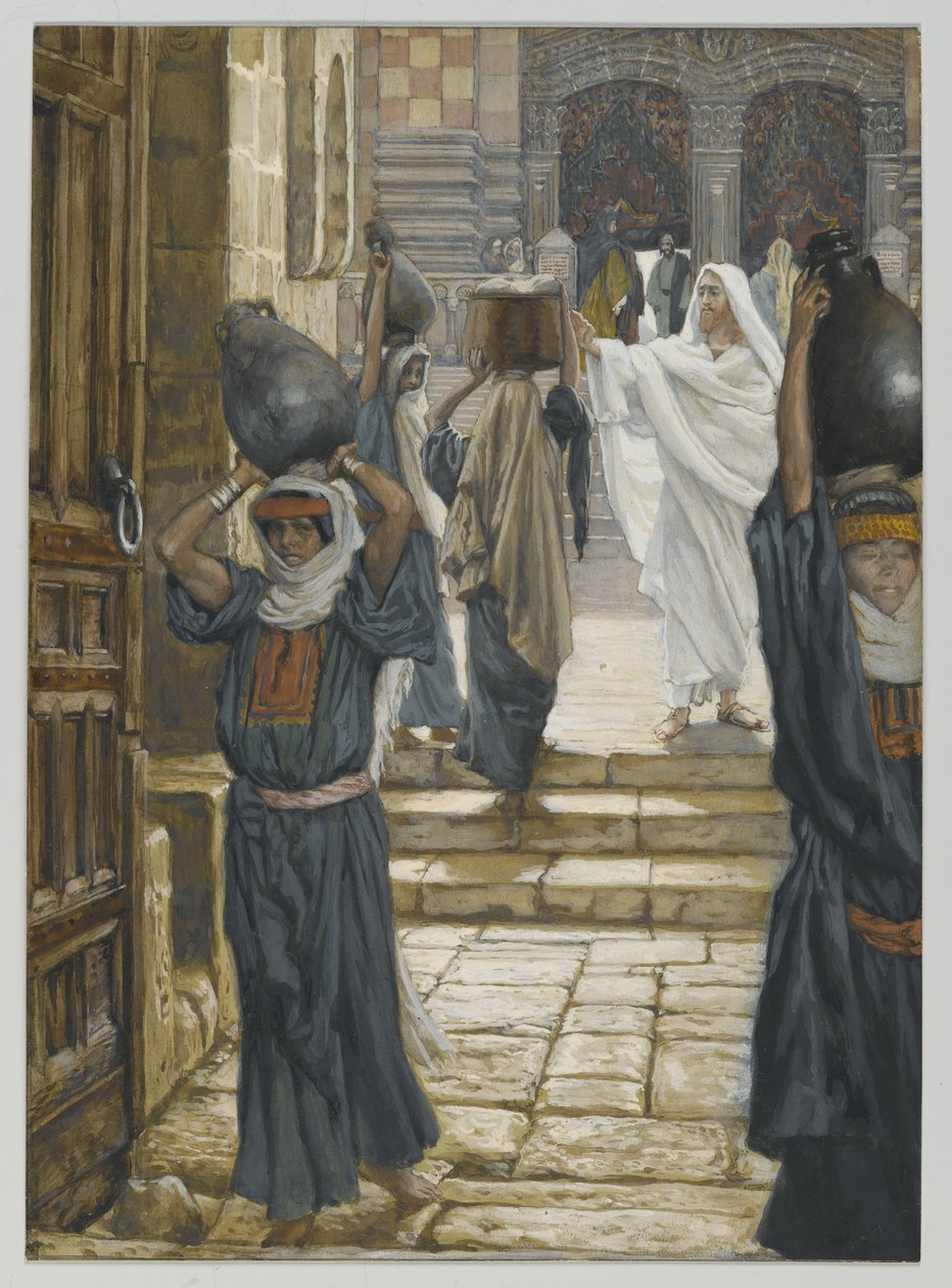 Jesus proíbe o transporte de cargas no pátio do templo, ilustração da Vida de Nosso Senhor Jesus Cristo, 1886-94 (wc sobre grafite sobre papel) de James Jacques Joseph Tissot