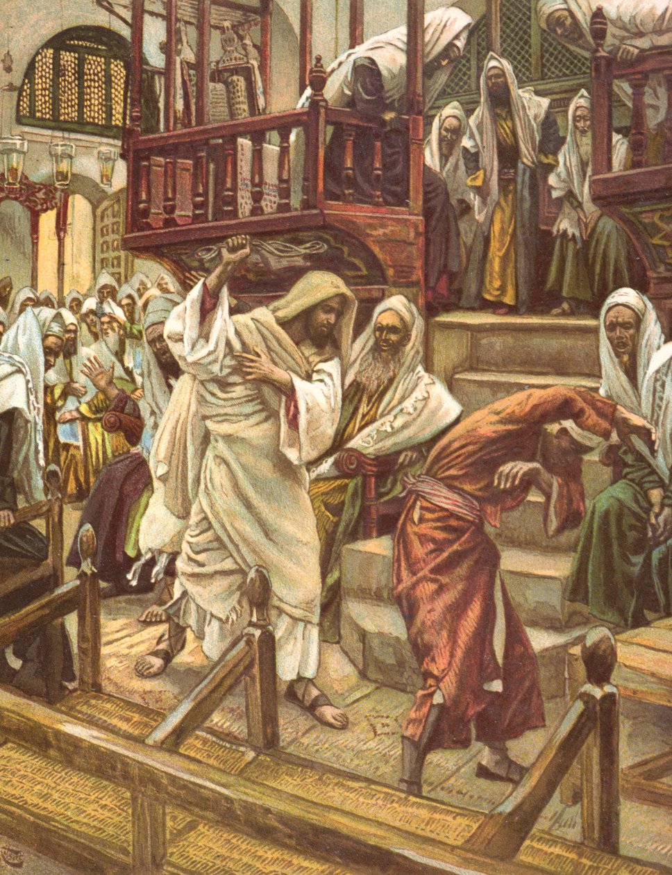 Jesus cura um homem possuído por um demônio na sinagoga, ilustração para &39;La Vie de notre Seigneur Jesus Cristo&39;, publicado em Tours 1896 de James Jacques Joseph Tissot