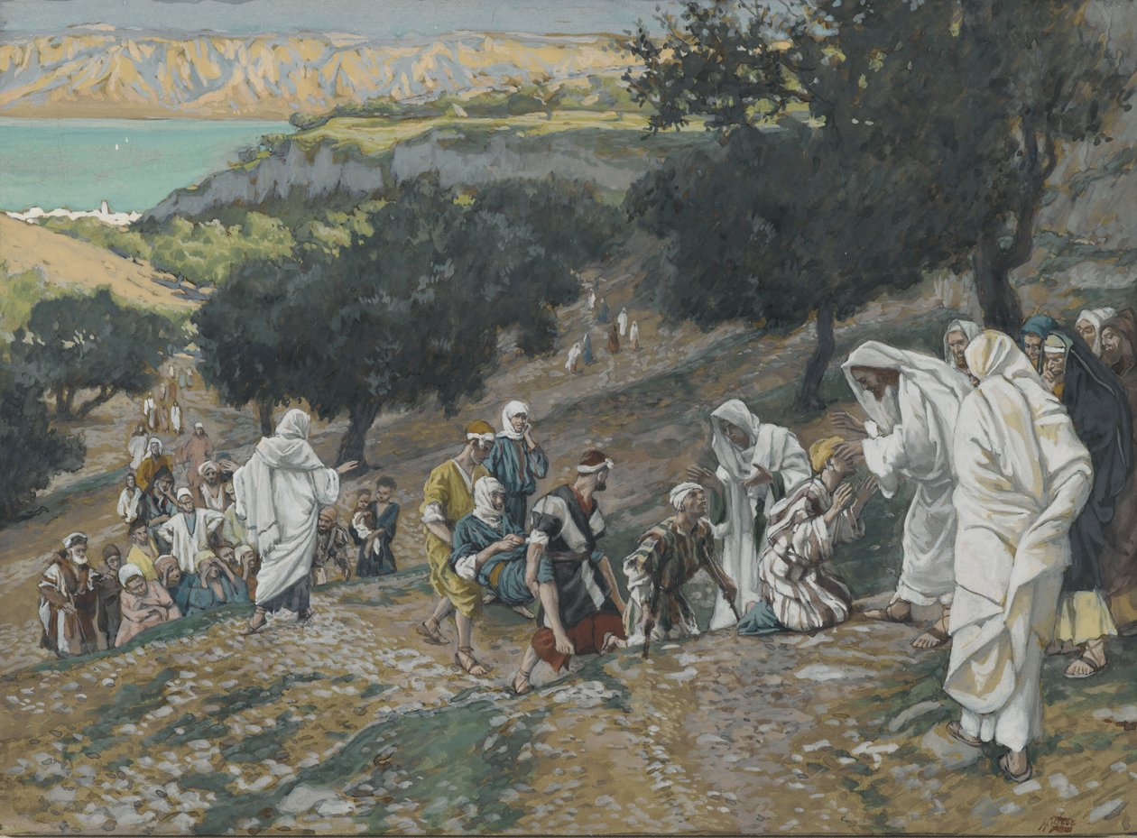 Jesus cura os cegos e coxos na montanha, ilustração da vida de nosso Senhor Jesus Cristo (wc sobre grafite no papel) de James Jacques Joseph Tissot