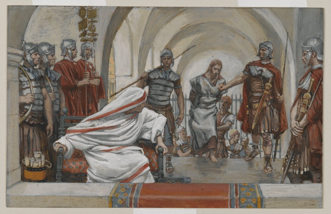 Jesus conduziu de Herodes a Pilatos, ilustração da Vida de Nosso Senhor Jesus Cristo, 1886-94 (wc sobre grafite sobre papel) de James Jacques Joseph Tissot