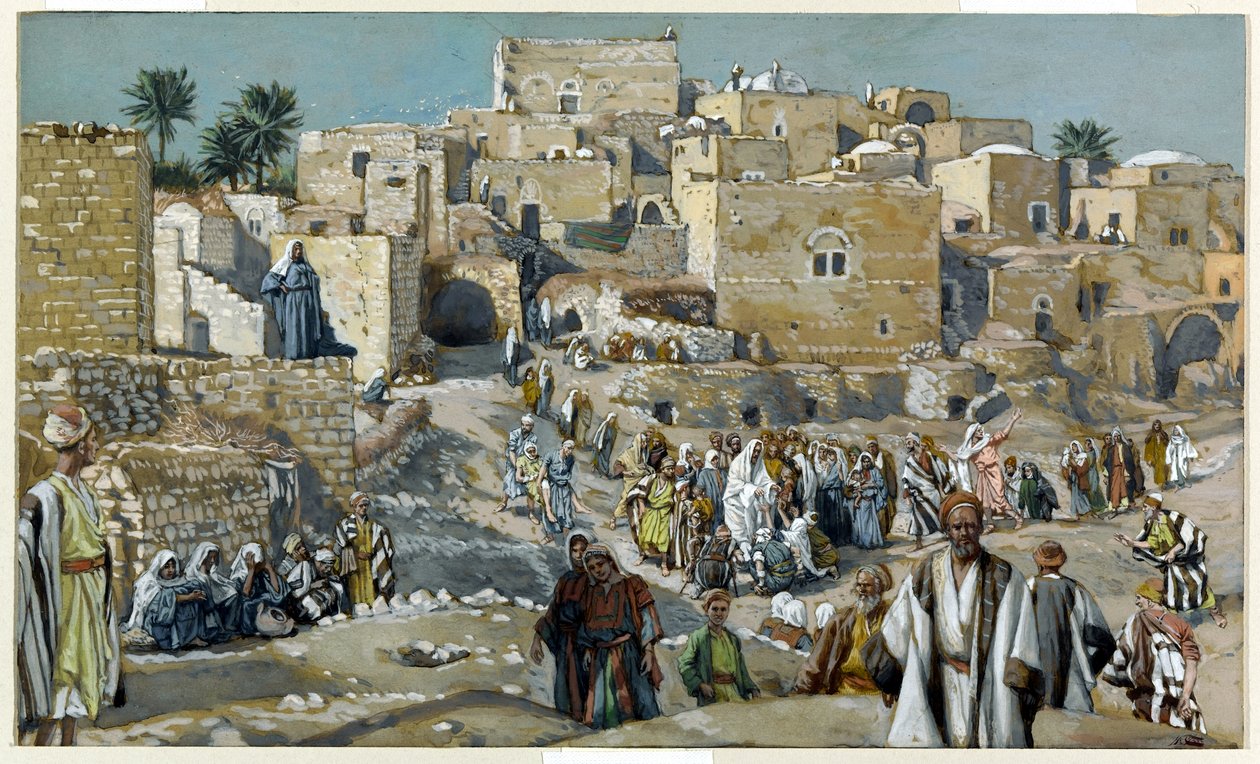 Jesus passando pelas aldeias a caminho de Jerusalém, ilustração da Vida de Cristo, c.1884-96 (wc e guache sobre papelão) de James Jacques Joseph Tissot