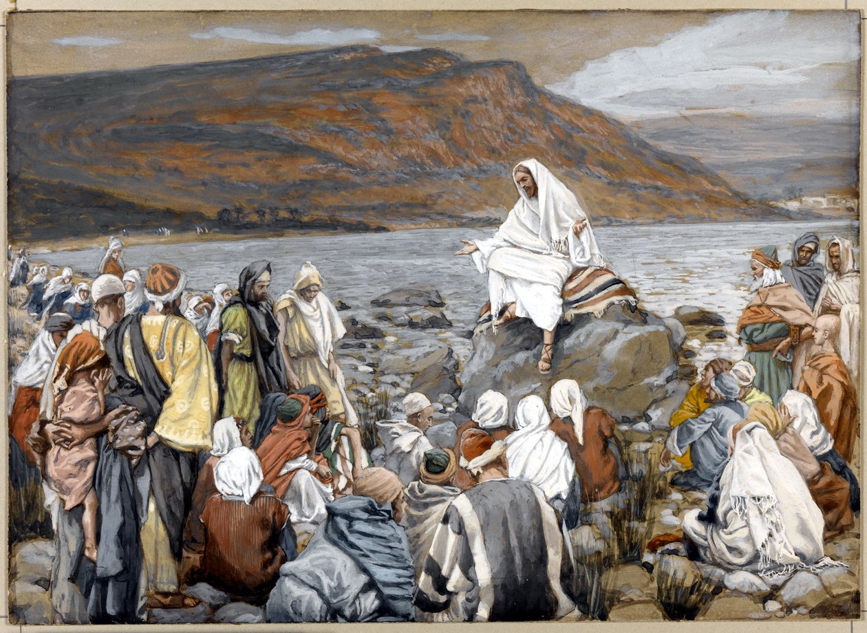 Jesus ensina o povo à beira-mar, ilustração para a vida de Cristo, c.1886-96 (aquarela opaca sobre grafite em papelão cinza teceu) de James Jacques Joseph Tissot