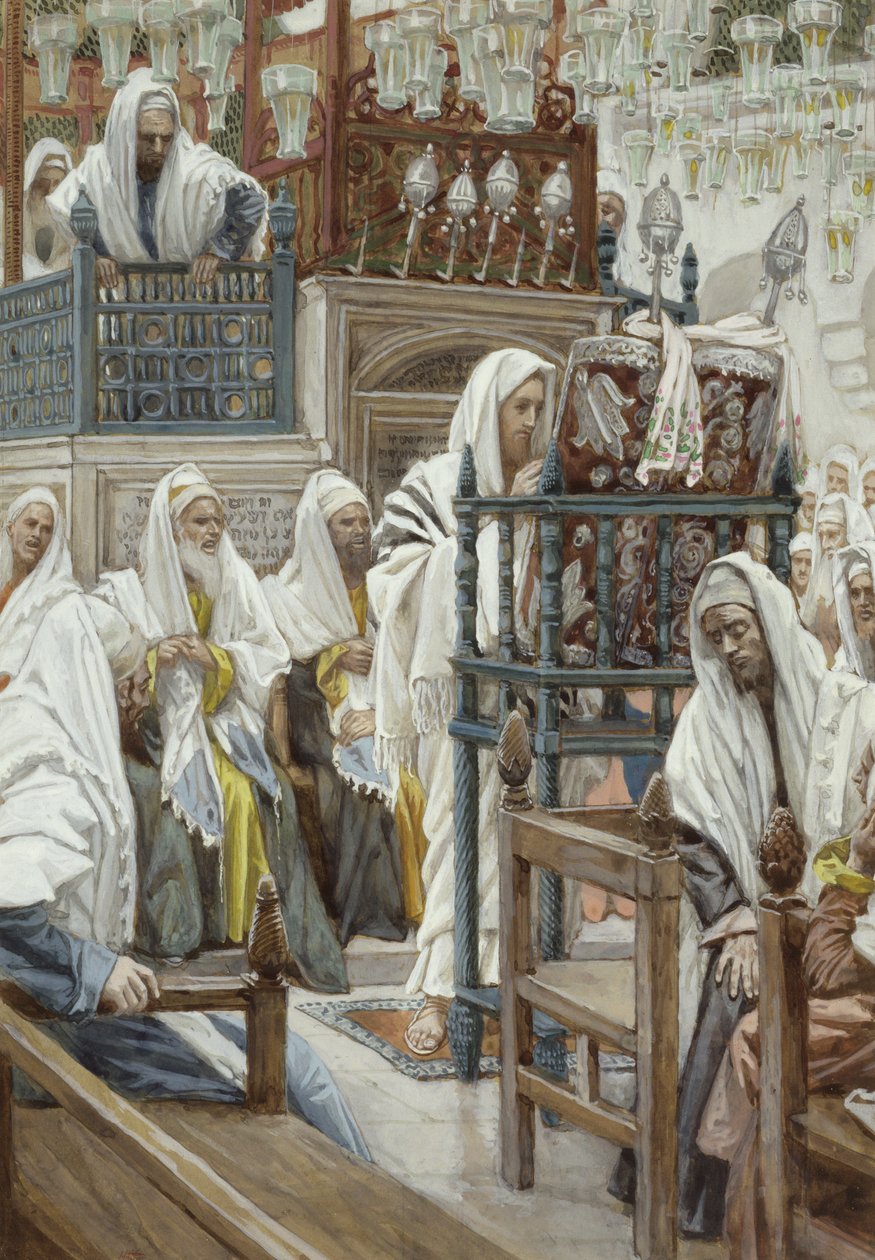 Jesus desenrola o livro na sinagoga, ilustração para a vida de Cristo, c.1886-96 (wc no papel) de James Jacques Joseph Tissot