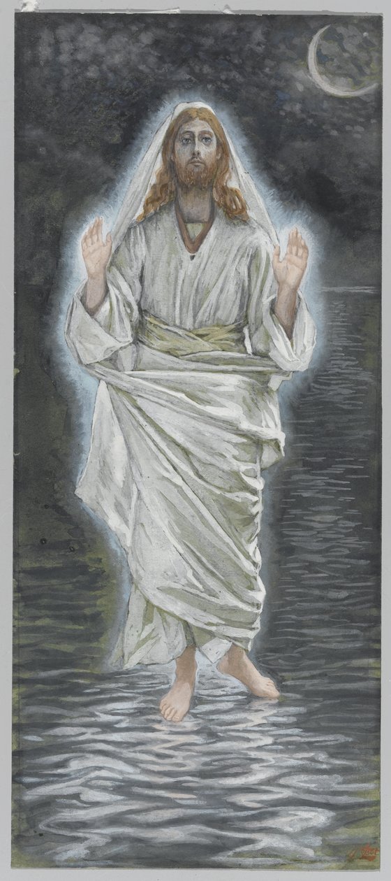 Jesus caminha sobre o mar, ilustração da vida de nosso Senhor Jesus Cristo (wc sobre grafite no papel) de James Jacques Joseph Tissot