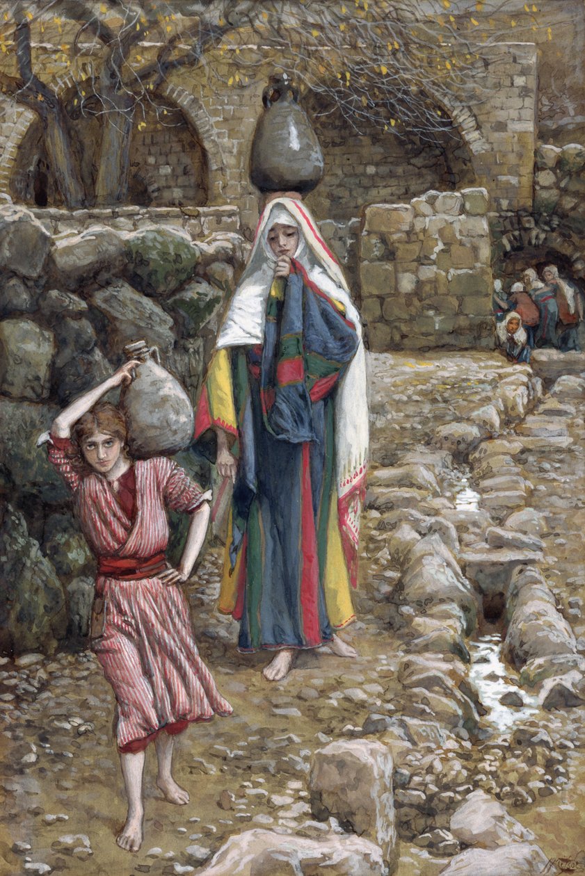 Jesus e sua mãe na fonte, ilustração para a vida de Cristo, c.1886-94 (wc & guache no cartão) de James Jacques Joseph Tissot