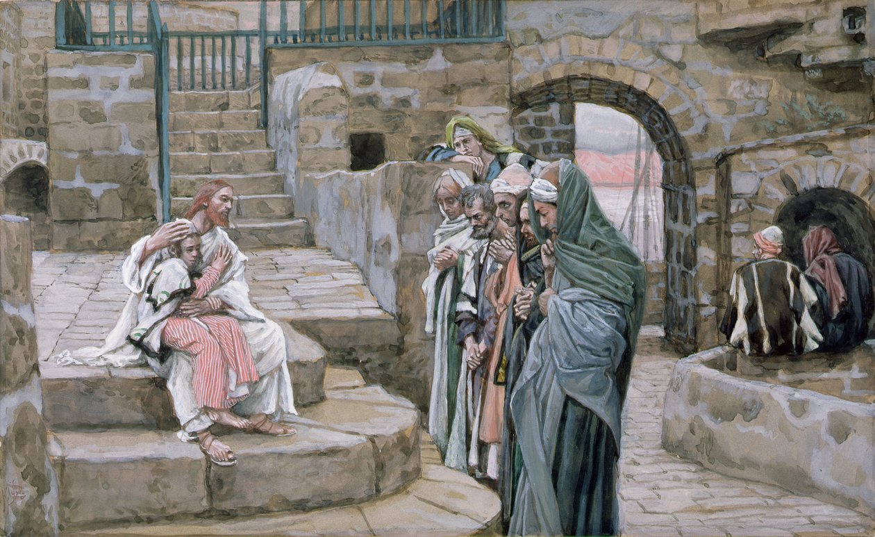 Jesus e a criança pequena, ilustração para a vida de Cristo, c.1886-94 (wc & guache no cartão) de James Jacques Joseph Tissot