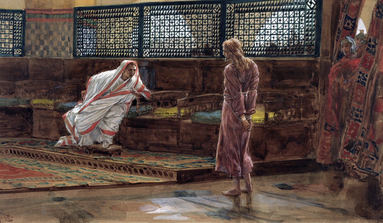 Jesus pela primeira vez antes de Pilatos, ilustração para a vida de Cristo, c.1886-94 (wc e guache no cartão) de James Jacques Joseph Tissot
