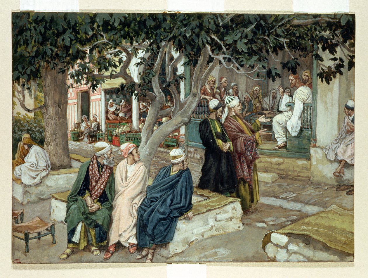 Jesus em uma reunião com São Mateus, ilustração para A Vida de Cristo, c.1886-96 (guache sobre papelão) de James Jacques Joseph Tissot