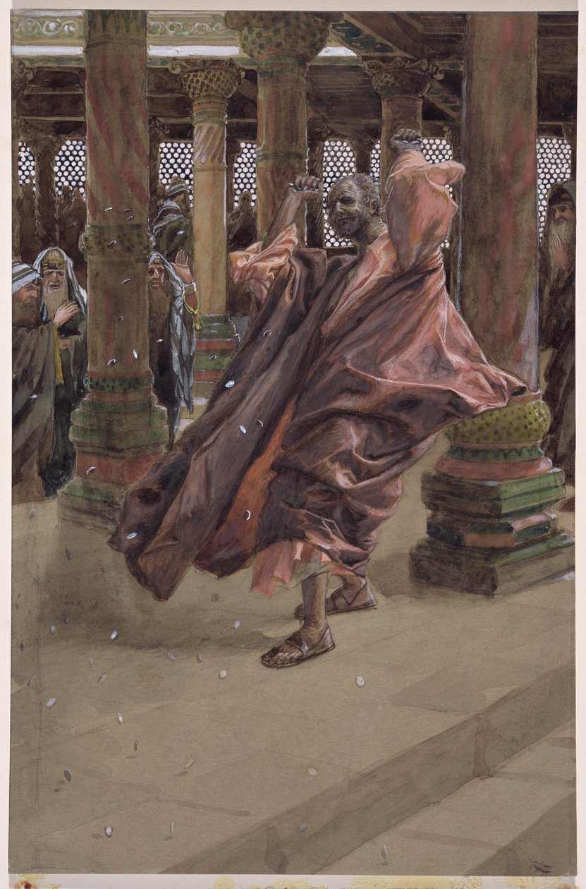 Judas se arrepende e retorna o dinheiro, ilustração para a vida de Cristo, c.1886-94 (wc e guache no cartão) de James Jacques Joseph Tissot