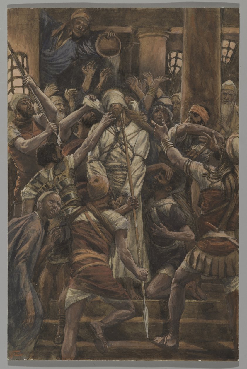 Maus-tratos na Casa de Caifás, ilustração da Vida de Nosso Senhor Jesus Cristo, 1886-94 (wc sobre grafite sobre papel) de James Jacques Joseph Tissot