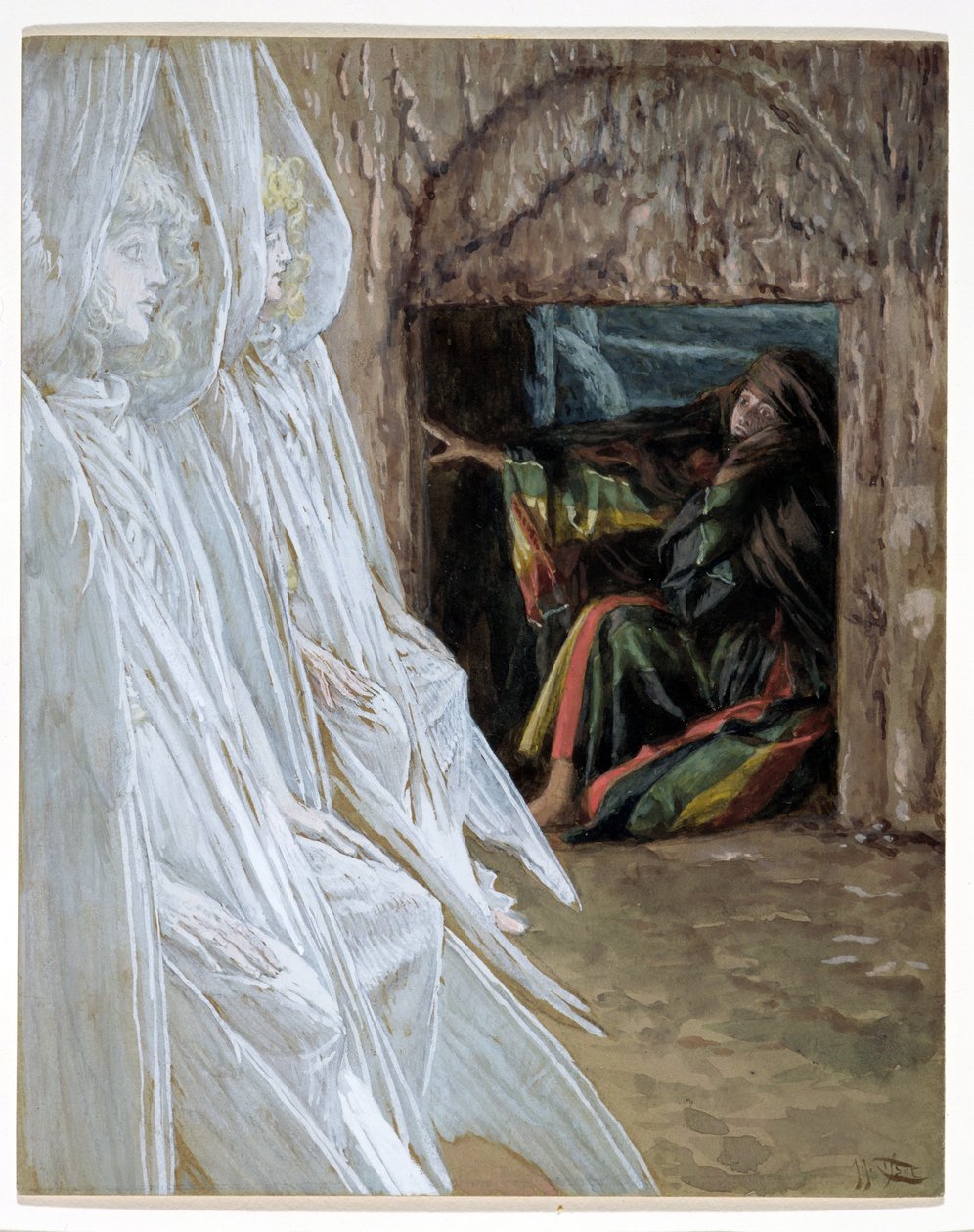 Maria Madalena questiona os anjos no túmulo, ilustração para a vida de Cristo, c.1886-94 (wc e guache sobre papelão) de James Jacques Joseph Tissot