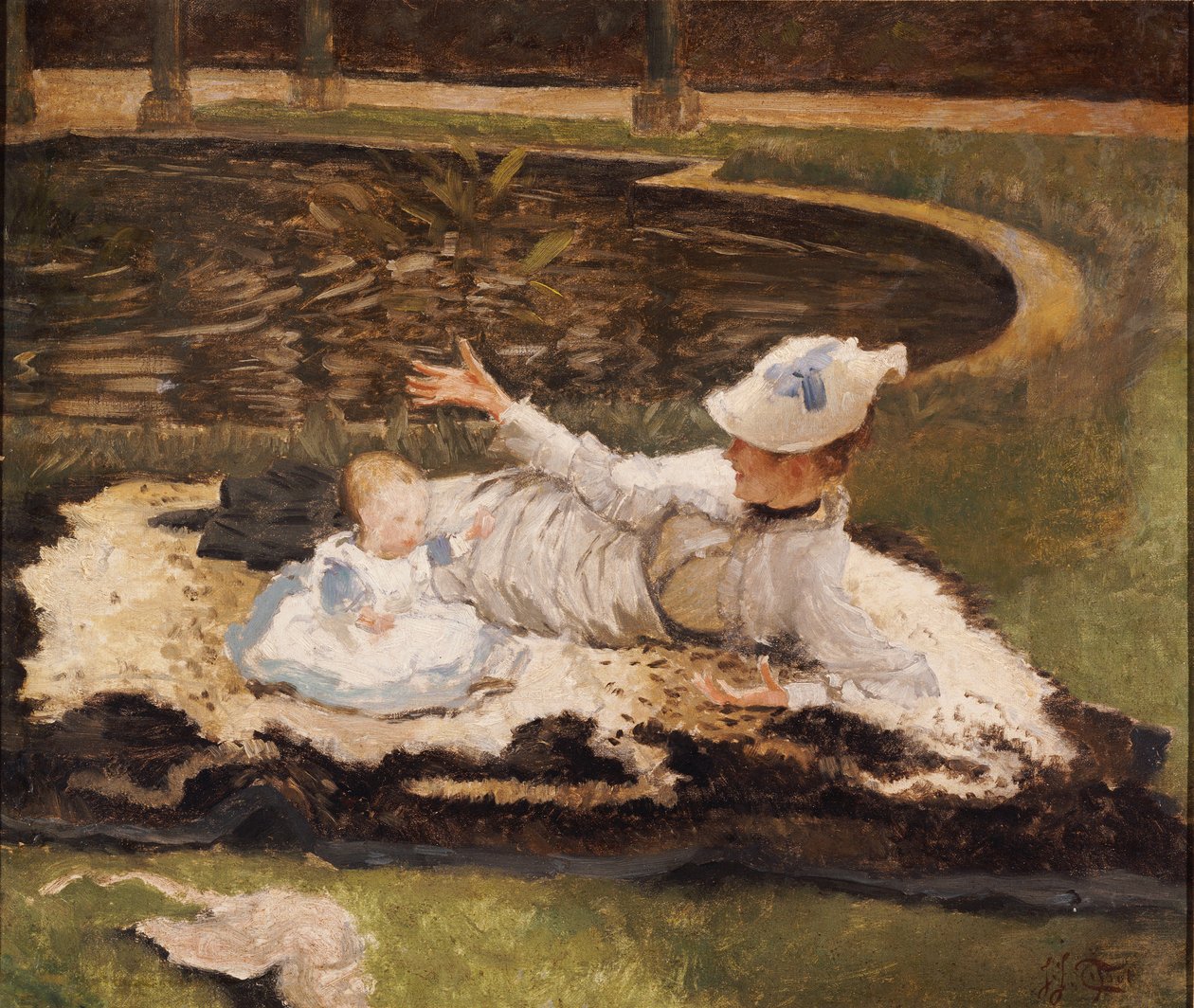Sra. Newton com uma criança à beira da piscina de James Jacques Joseph Tissot
