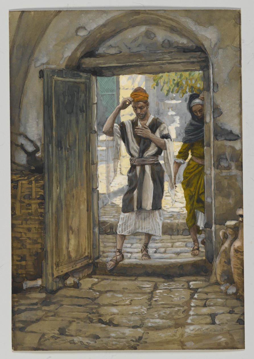 Entrando na Casa, Saudação, ilustração da Vida de Nosso Senhor Jesus Cristo (wc sobre grafite sobre papel) de James Jacques Joseph Tissot