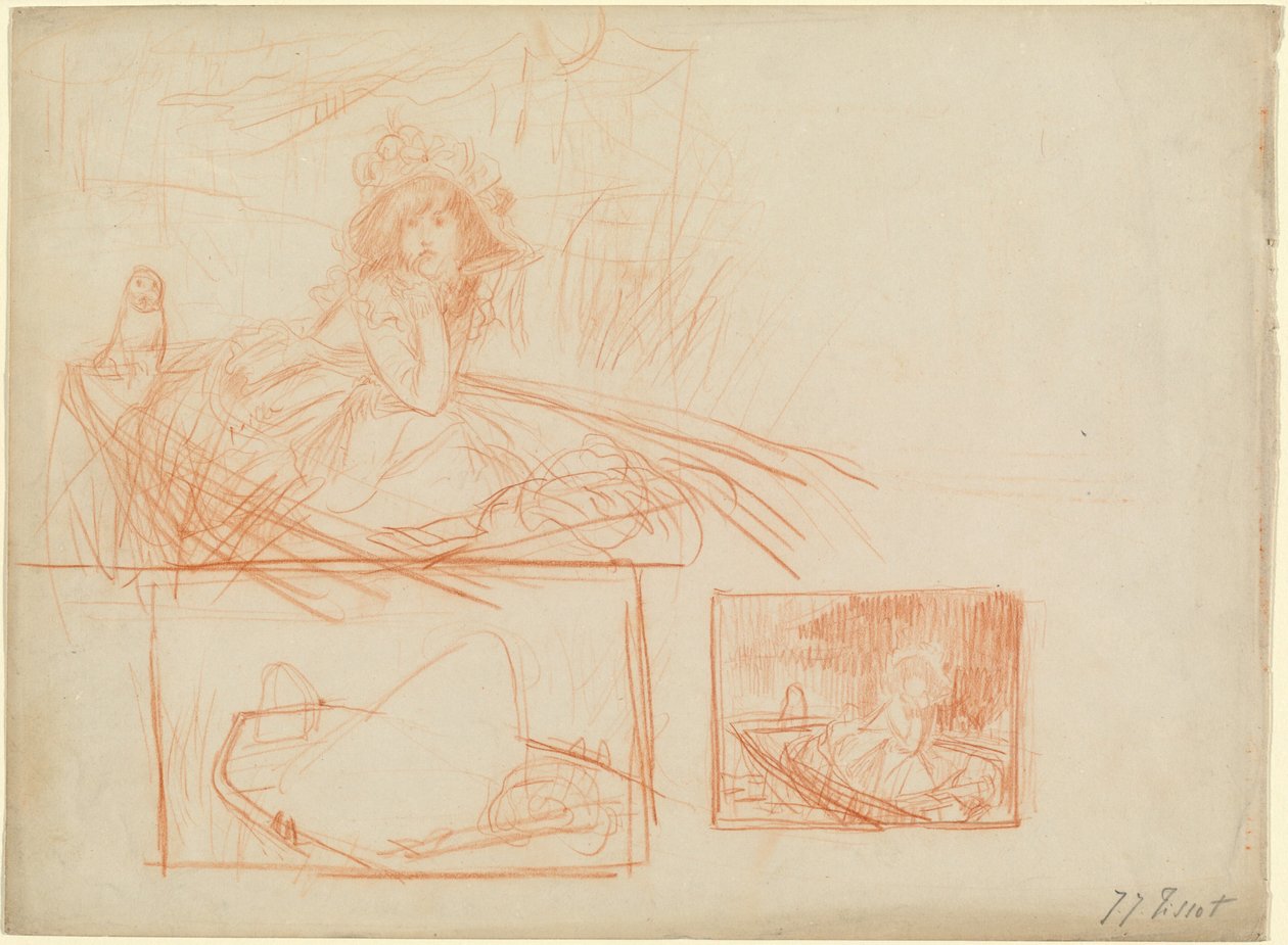 Menina pensativa à deriva em um barco de James Jacques Joseph Tissot