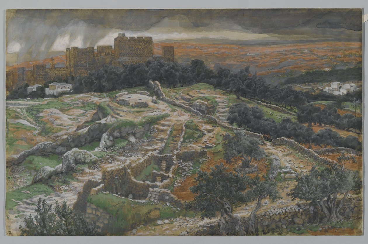 Reconstrução do Gólgota e do Santo Sepulcro, vista do Portão Judicial, ilustração da Vida de Nosso Senhor Jesus Cristo (wc sobre grafite sobre papel) de James Jacques Joseph Tissot