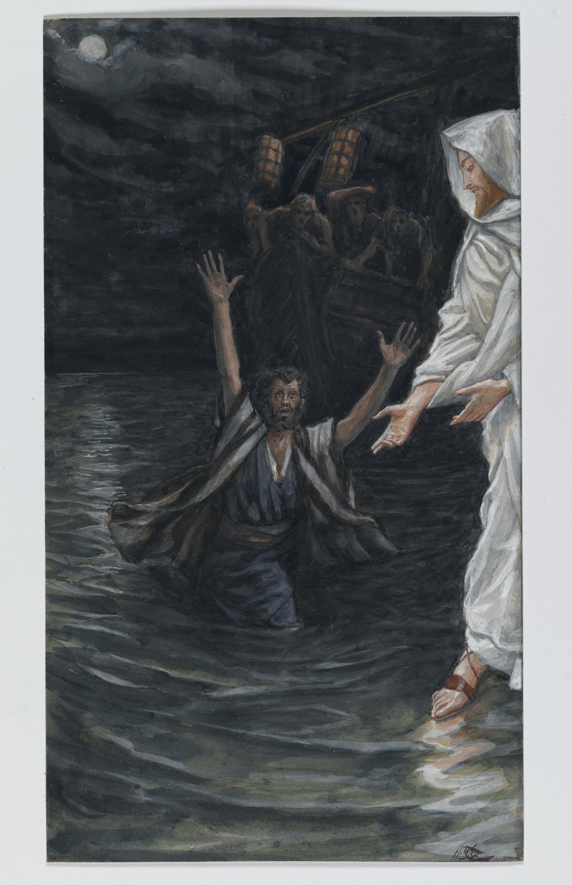 São Pedro caminha sobre o mar, ilustração da vida de nosso Senhor Jesus Cristo (wc sobre grafite no papel) de James Jacques Joseph Tissot