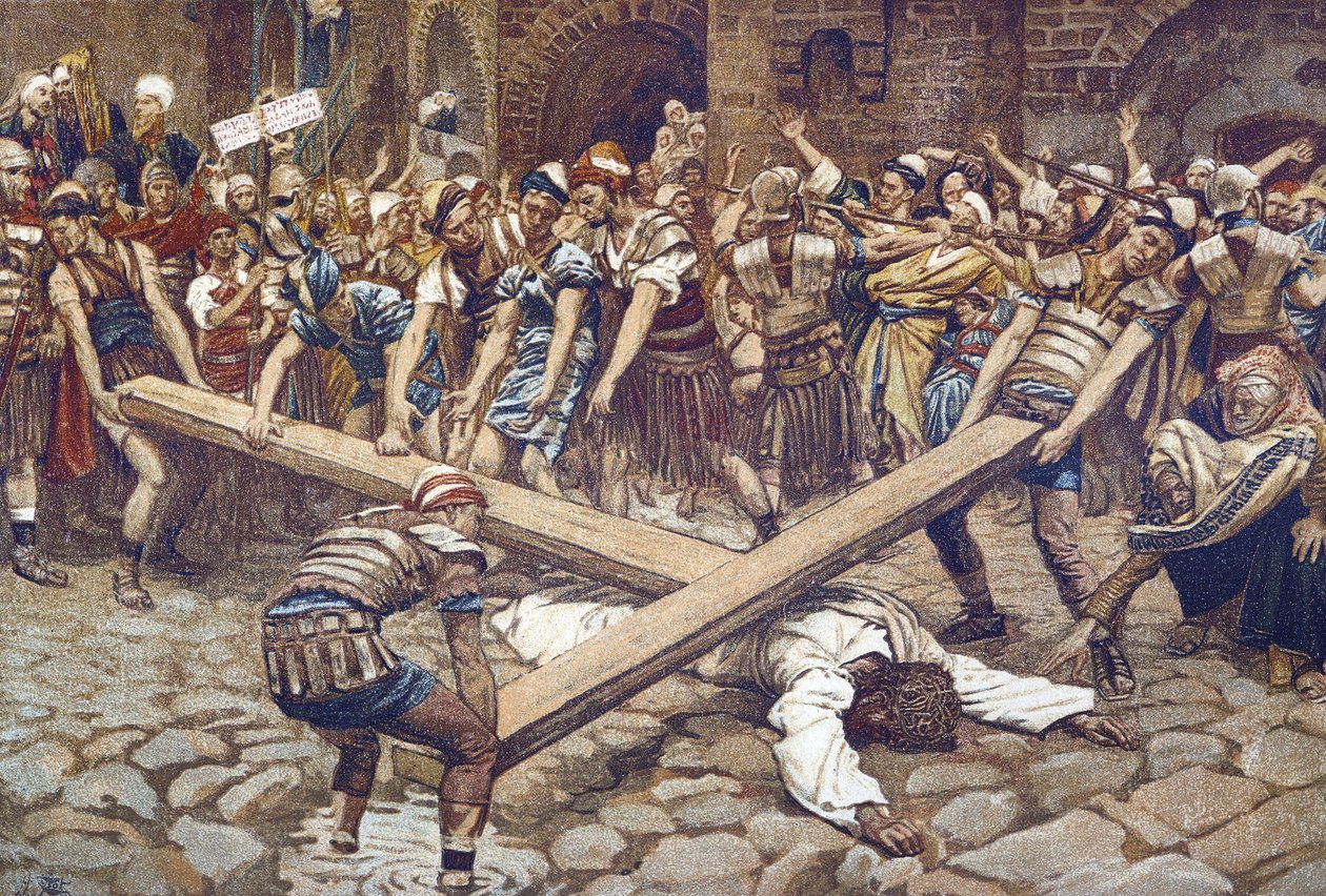 Simon de Cyrene Force to Wear the Cross - Simon of Cyrene Compelled to Bear the Cross - from "The Life of Our Lord Jesus Christ" - 1899 por James Tissot - La vie de notre seigneur Jesus Christ, por Jacques Joseph (Jacques Joseph) Tissot dit James Tissot ( de James Jacques Joseph Tissot