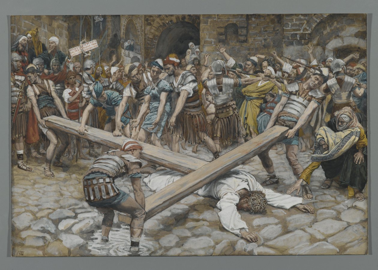Simão o Cirineu Compelido a Levar a Cruz com Jesus, ilustração da Vida de Nosso Senhor Jesus Cristo, 1886-94 (wc sobre grafite sobre papel) de James Jacques Joseph Tissot