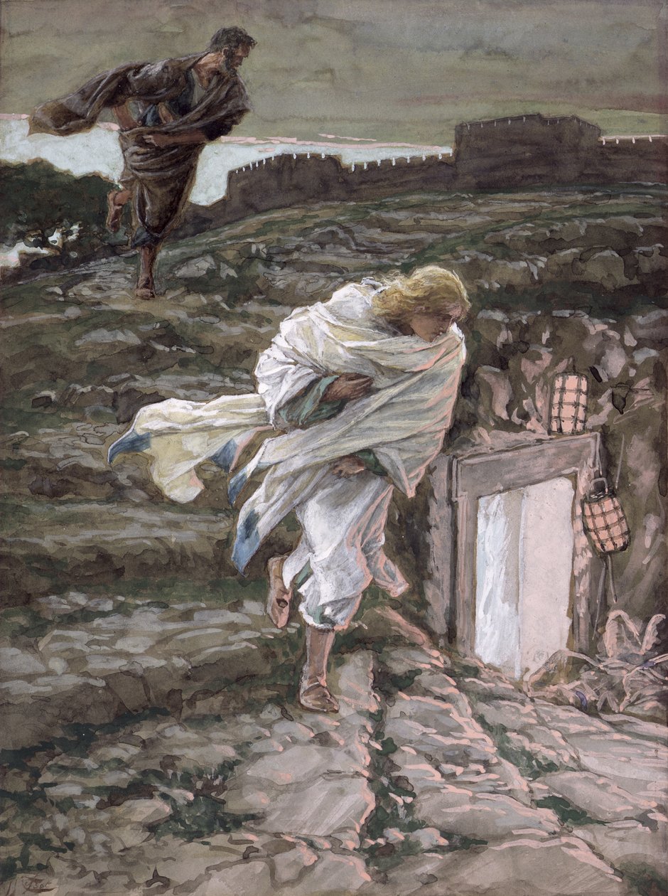 São Pedro e São João Corra para o túmulo, ilustração para a vida de Cristo, c.1886-94 (wc & guache no cartão) de James Jacques Joseph Tissot