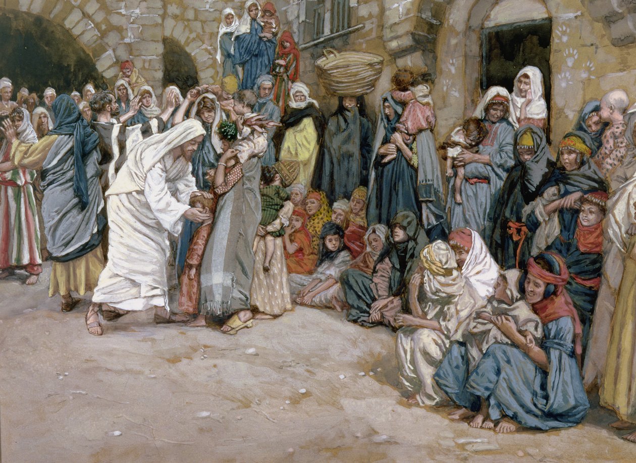 Sofre as crianças pequenas para vir até mim, ilustração para a vida do cristo, c.1886-96 (guache no cartão) de James Jacques Joseph Tissot