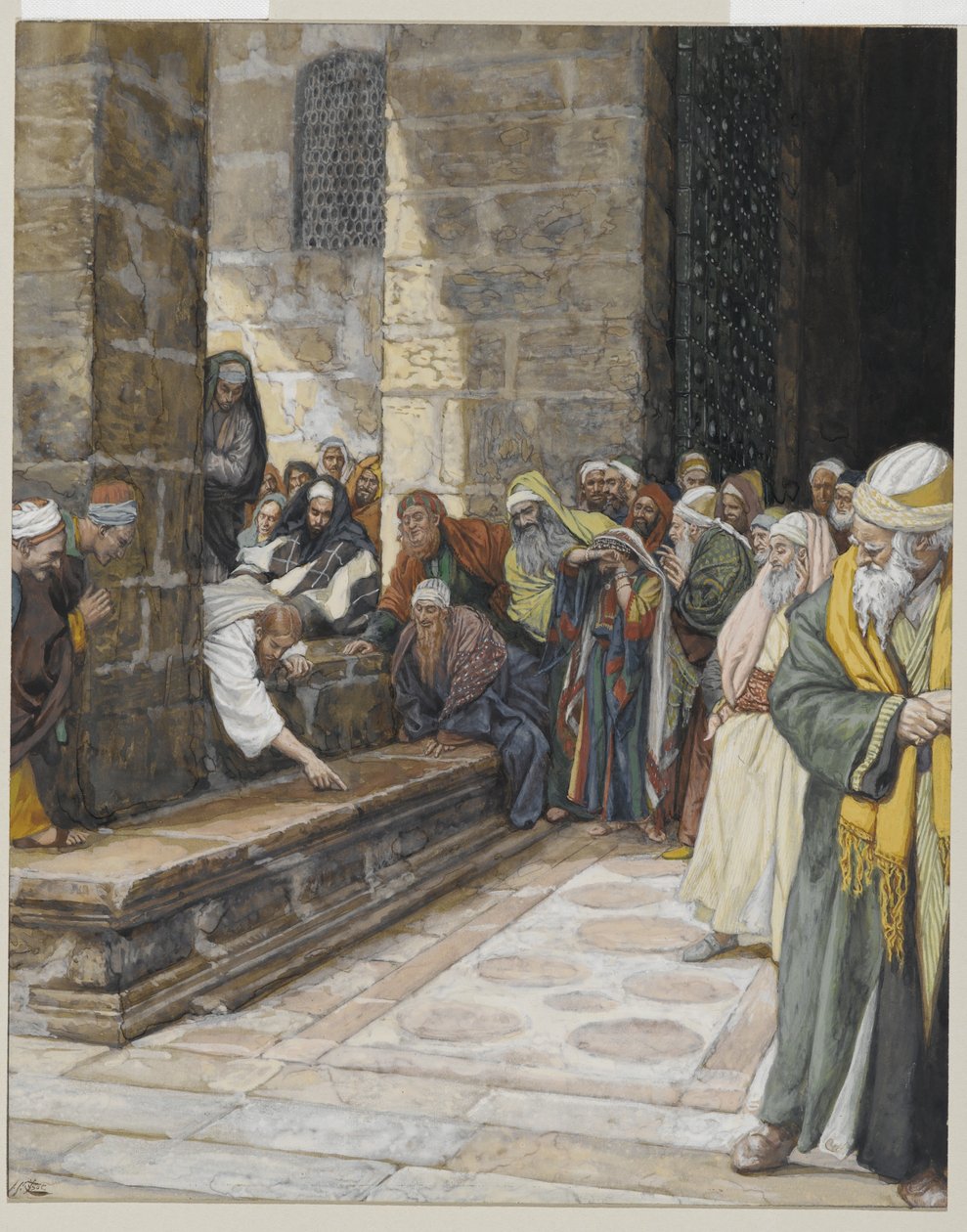 A mulher adúltera - Cristo escrito no chão, ilustração da vida de nosso Senhor Jesus Cristo, 1886-94 (wc sobre grafite no papel) de James Jacques Joseph Tissot