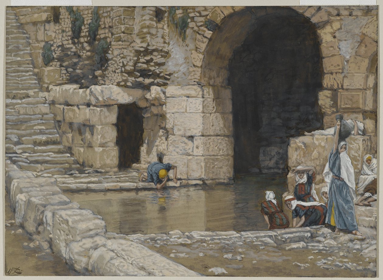 O homem cego lava na piscina de Siloé, ilustração da Vida de Nosso Senhor Jesus Cristo, 1886-96 (wc sobre grafite sobre papel) de James Jacques Joseph Tissot
