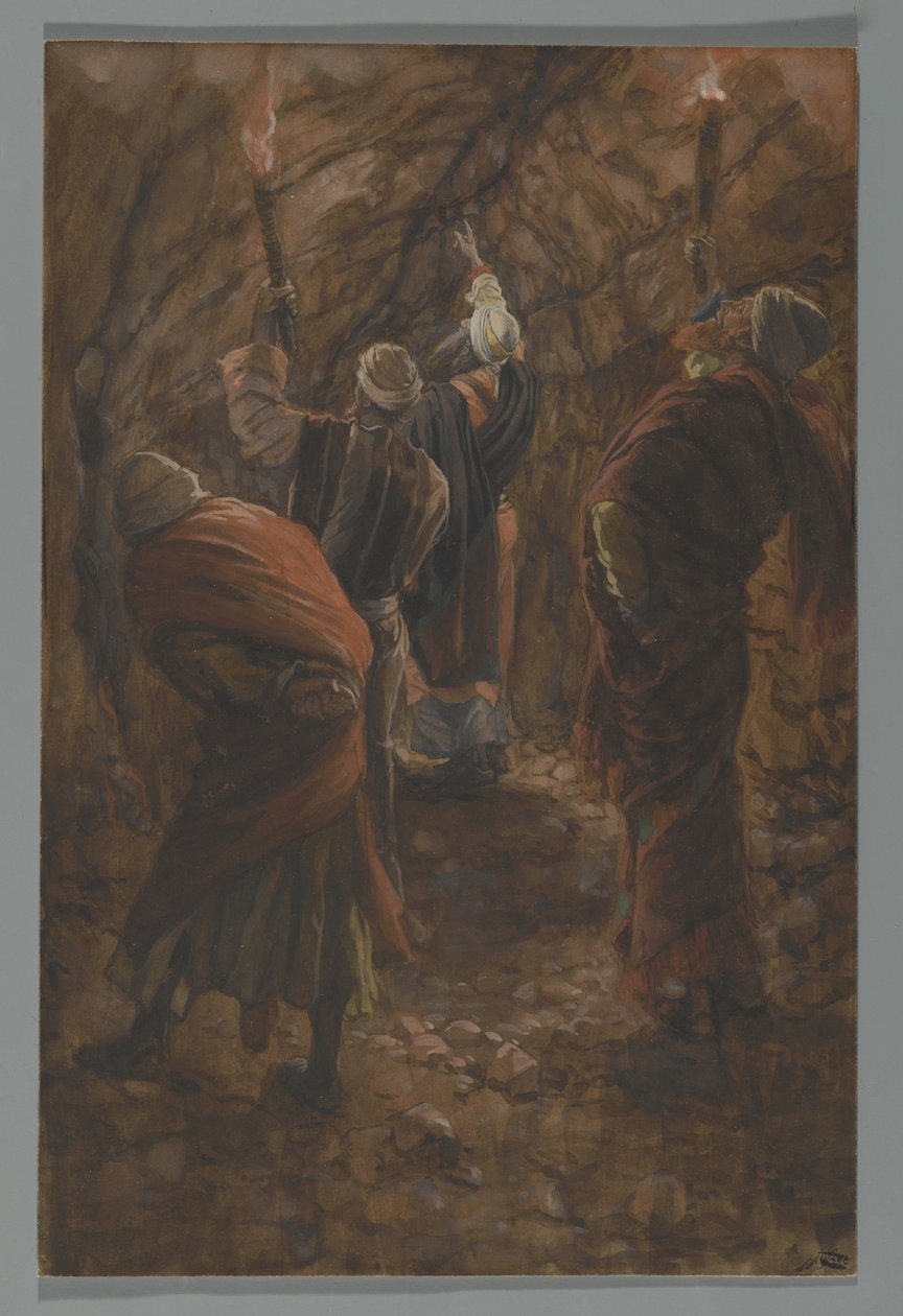 O abismo na rocha na caverna abaixo do Calvário, ilustração da vida de nosso Senhor Jesus Cristo, 1886-94 (wc sobre grafite sobre papel) de James Jacques Joseph Tissot