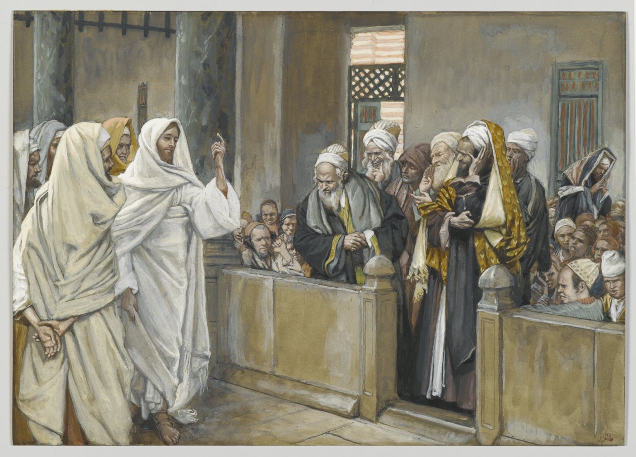 Os sumo sacerdotes perguntam a Jesus por que direito ele age desta maneira, ilustração da Vida de Nosso Senhor Jesus Cristo, 1886-94 (wc sobre grafite sobre papel) de James Jacques Joseph Tissot