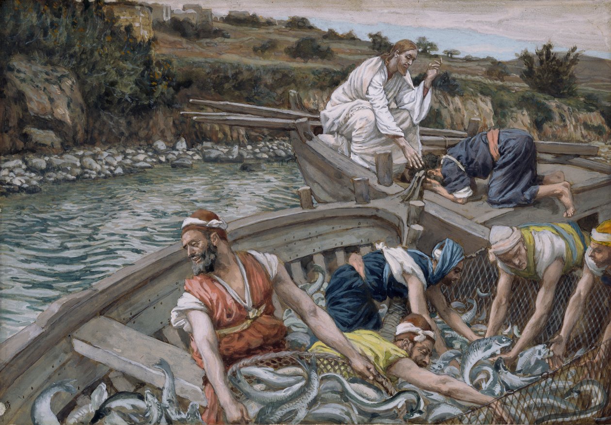 O Primeiro Projecto Milagroso de Peixes, ilustração para A Vida de Cristo, c.1886-94 (wc e guache sobre papelão) de James Jacques Joseph Tissot
