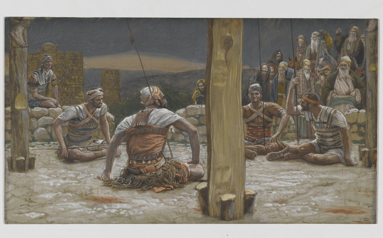 Os quatro guardas sentaram-se e assistiram-no, ilustração da vida de nosso senhor Jesus Cristo, 1886-94 (wc sobre o grafite no papel) de James Jacques Joseph Tissot