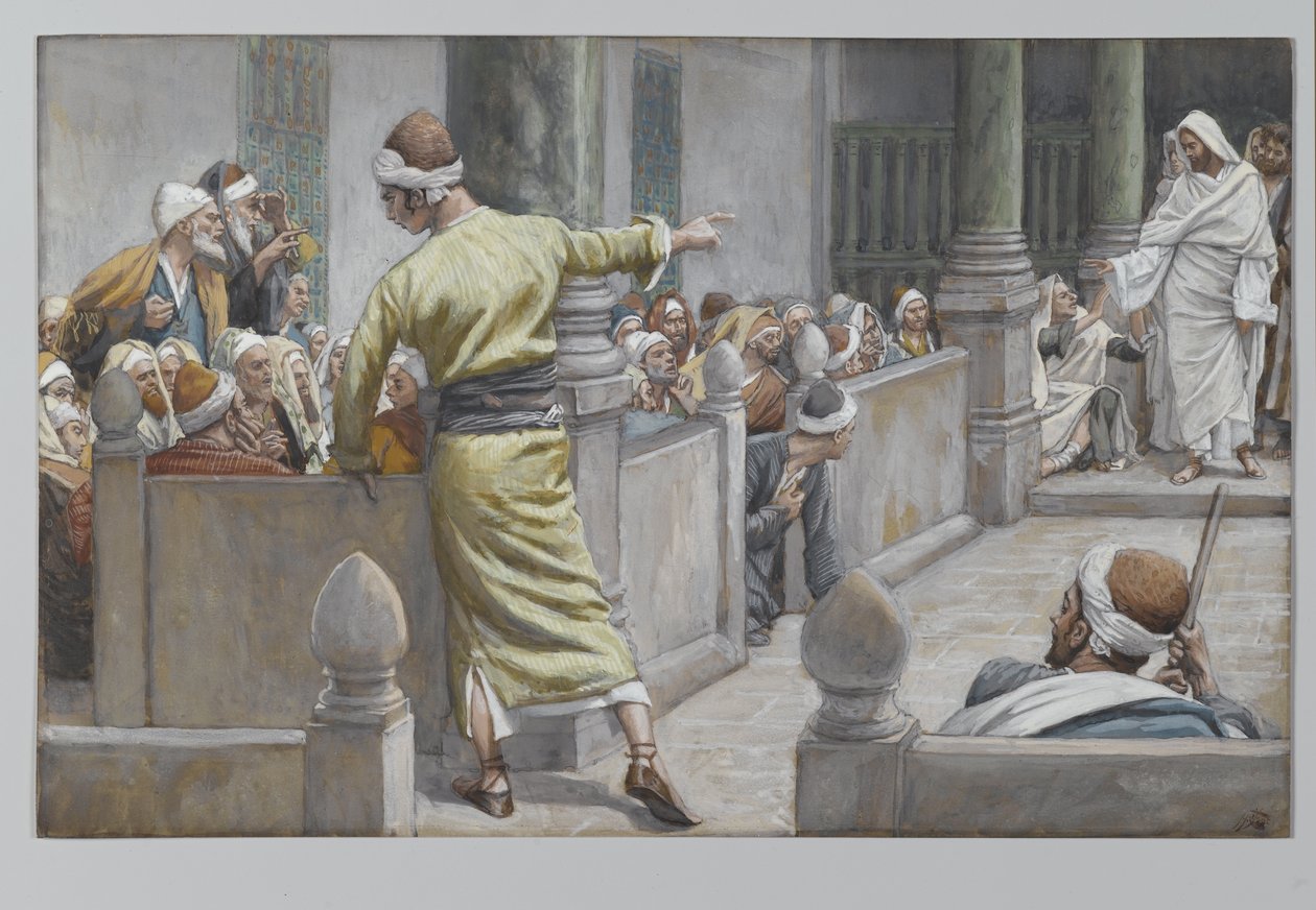 O homem cego curado conta sua história aos judeus, ilustração da Vida de Nosso Senhor Jesus Cristo, 1886-96 (wc sobre grafite sobre papel) de James Jacques Joseph Tissot