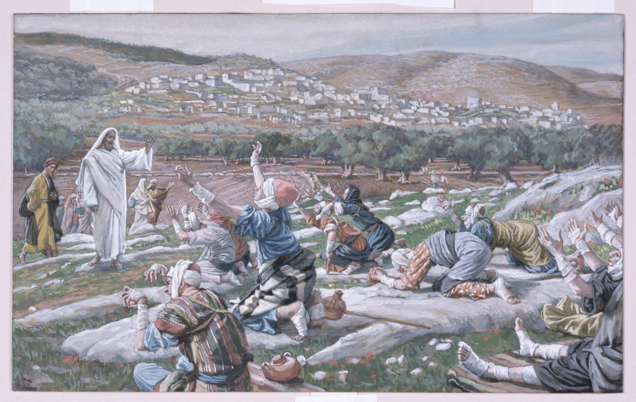 A cura dos leprosos, ilustração para A vida de Cristo, c.1886-94 (wc e guache sobre papelão) de James Jacques Joseph Tissot