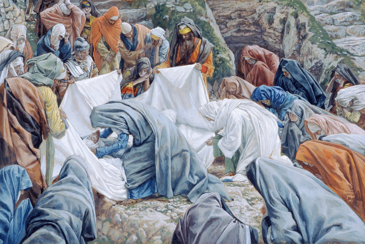 A Santíssima Virgem Beija o Rosto de Cristo antes de ser Enrolado na Folha de Enrolamento, ilustração para A Vida de Cristo, c.1886-94 (wc e guache sobre papelão) de James Jacques Joseph Tissot
