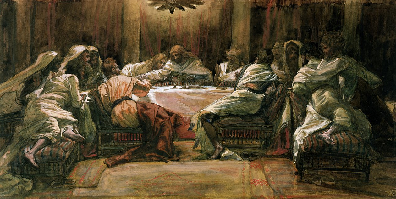 A última Ceia. Judas mergulhando a mão no prato, ilustração para a vida de Cristo, c.1884-96 (wc & guache no cartão) de James Jacques Joseph Tissot