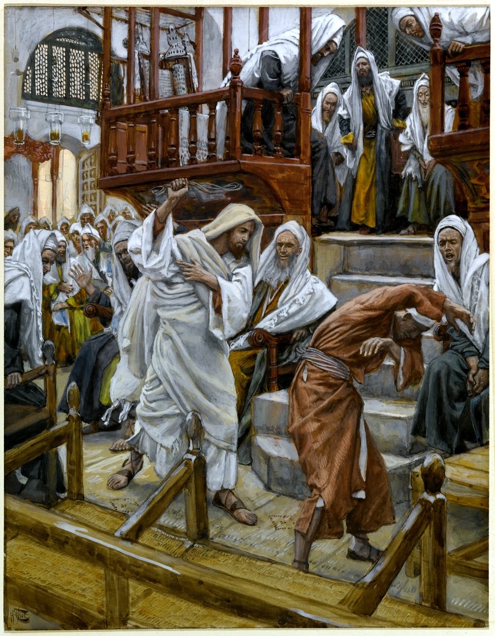 O homem possuidor de um diabo na sinagoga, ilustração para a vida de Cristo, c.1884-96 (wc & guache no cartão) de James Jacques Joseph Tissot