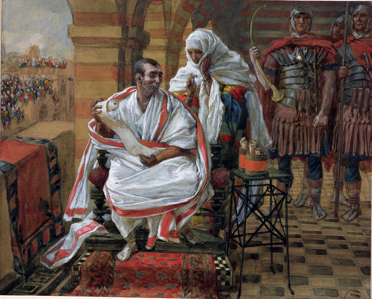 A mensagem da esposa de Pilates, ilustração para a vida de Cristo, c.1886-94 (wc & guache no cartão) de James Jacques Joseph Tissot