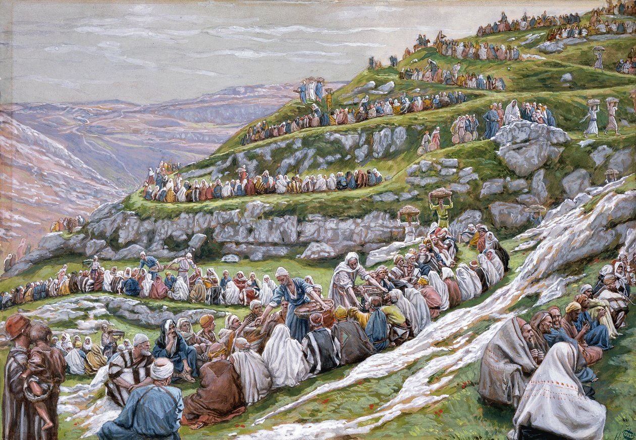 O milagre dos pães e peixes, ilustração para a vida de Cristo, c.1886-94 (wc & guache no cartão) de James Jacques Joseph Tissot