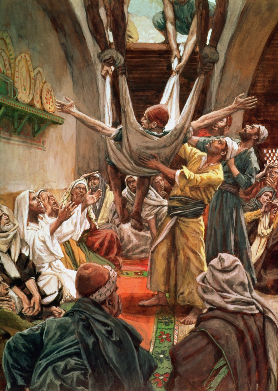 O homem de Palsied deixou para baixo através do telhado, ilustração para a vida de Christ, c.1886-94 de James Jacques Joseph Tissot
