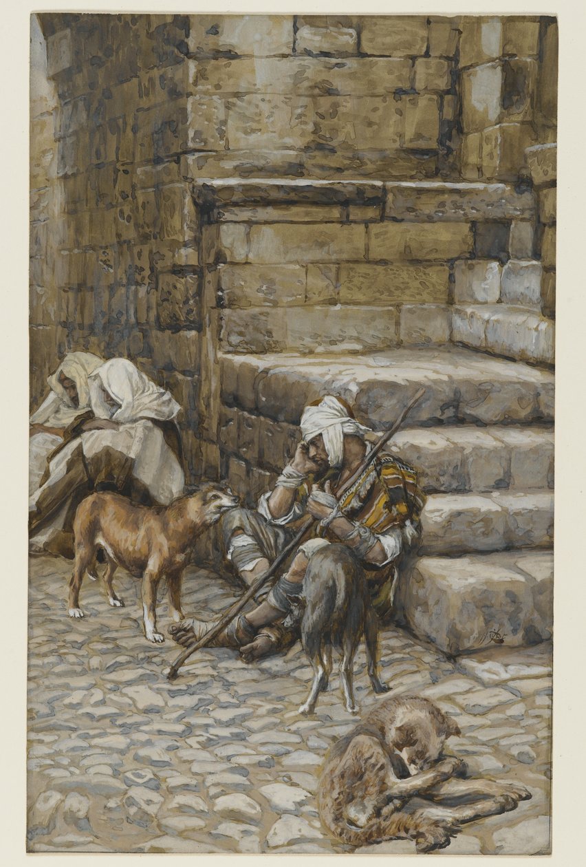O pobre Lázaro na porta de Rich Mans, ilustração da vida de nosso Senhor Jesus Cristo (wc sobre grafite no papel) de James Jacques Joseph Tissot