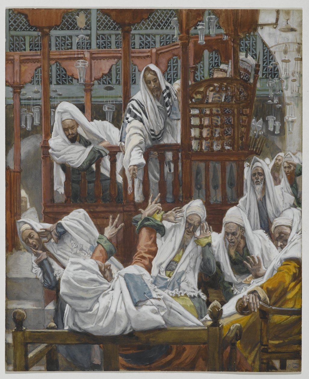 O homem possuído na sinagoga, ilustração da vida de nosso Senhor Jesus Cristo (wc sobre grafite no papel) de James Jacques Joseph Tissot