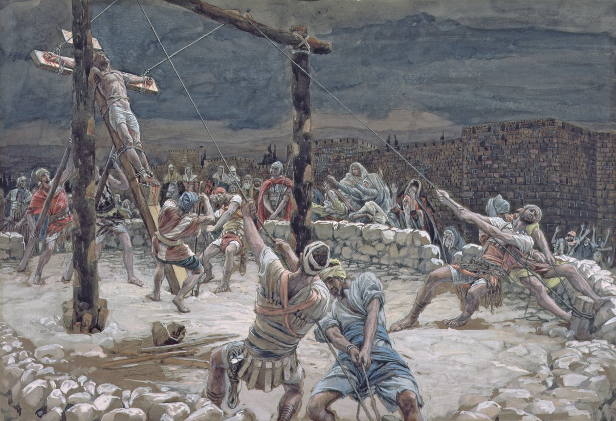 O levantamento da cruz, ilustração para a vida de Cristo, c.1886-94 (wc e guache sobre papelão) de James Jacques Joseph Tissot
