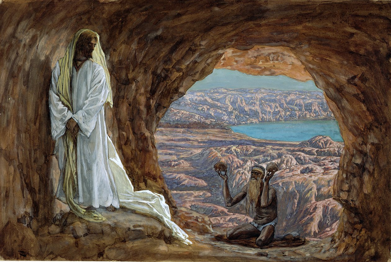 A tentação no deserto, ilustração para a vida de Cristo, c.1886-94 (wc & guache no cartão) de James Jacques Joseph Tissot