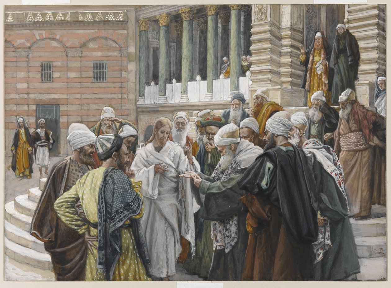 O dinheiro do tributo, ilustração da vida de nosso senhor Jesus Cristo, 1886-94 (wc sobre o grafite no papel) de James Jacques Joseph Tissot
