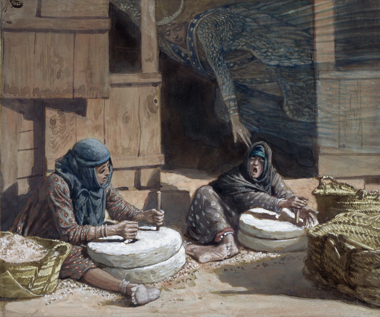 As duas mulheres no moinho, ilustração para a vida de Cristo, c.1886-94 (wc & guache no cartão) de James Jacques Joseph Tissot