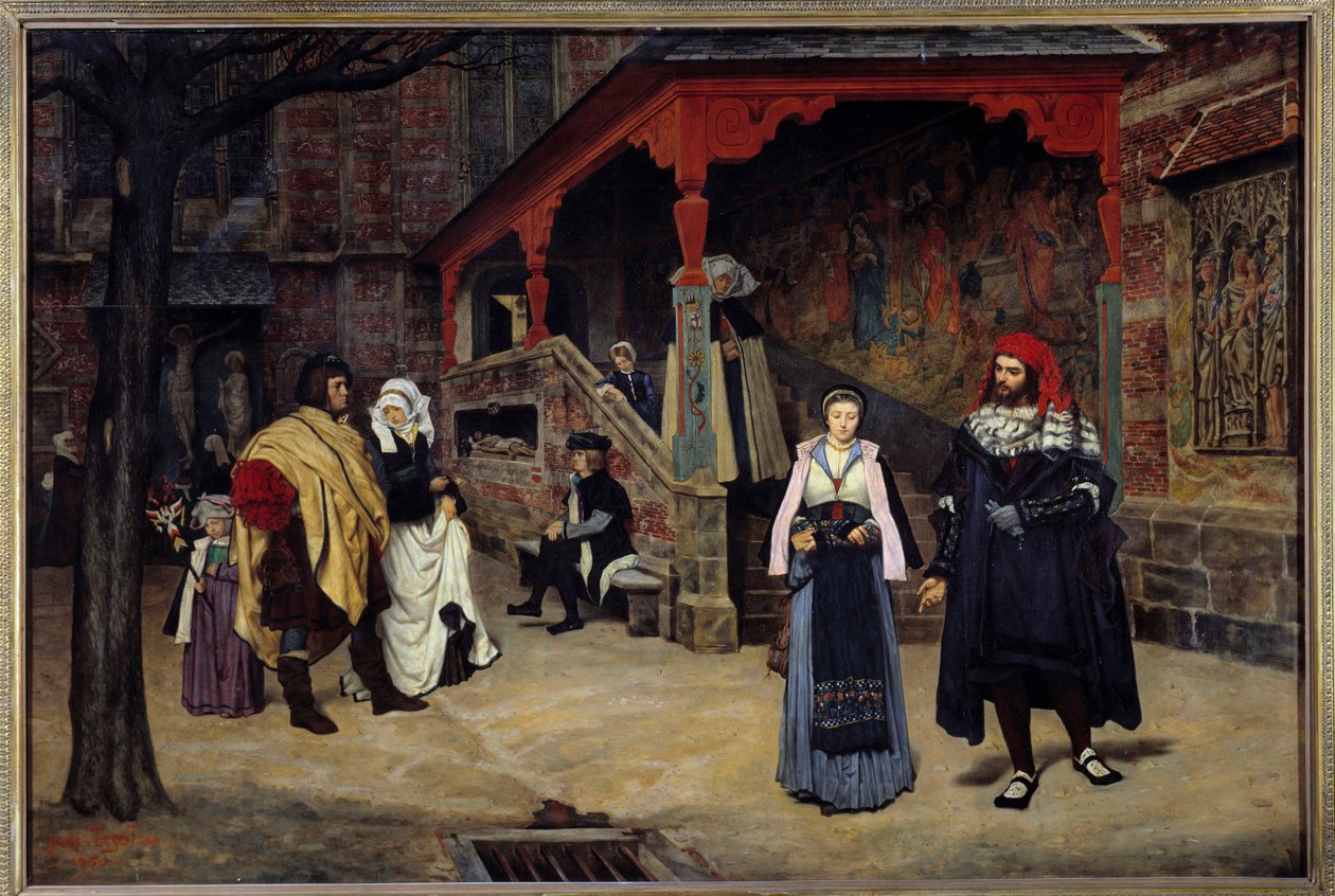 O encontro de Fausto e Margarita Ilustração de "Fausto" de Johann Wolfgang von Goethe. Pintura de Jacques Joseph (Jacques-Joseph) Tissot dit James Tissot (1836-1902) de James Jacques Joseph Tissot