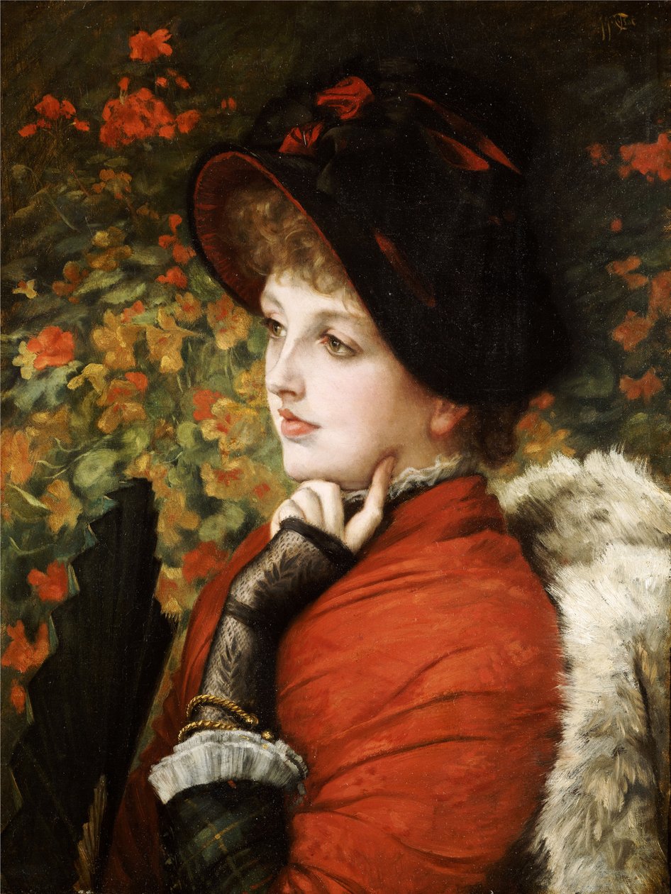 Tipo de beleza: Retrato da Sra. Kathleen Newton em um vestido vermelho e gorro preto, 1880 de James Jacques Joseph Tissot