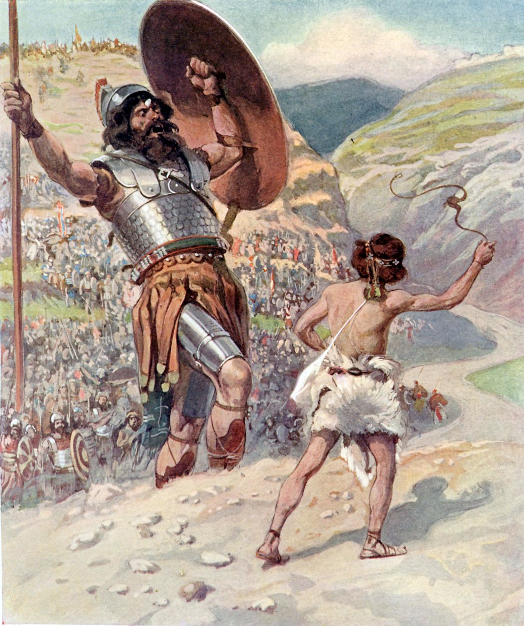 David atira a pedra por J James Tissot - Bíblia de James Jacques Joseph after Tissot