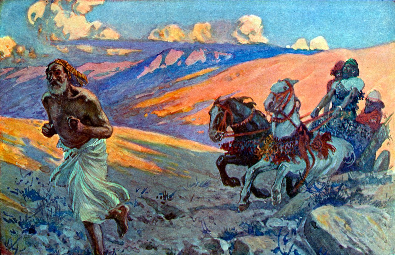 Elias corre diante da carruagem de Acabe - Bíblia de James Jacques Joseph after Tissot